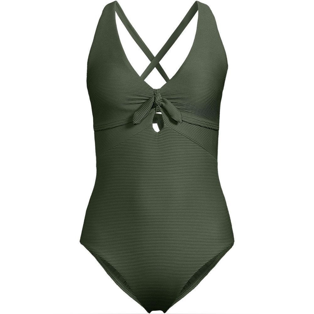 Land's End V-neck knotted tie back high 1 piece swimsuit olive green ottoman Var